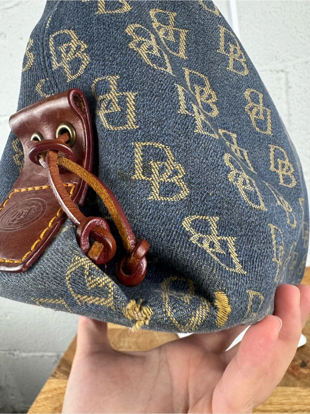 Dooney & Bourke Denim Monogram Hobo Shoulder Bag Leather Duck Charm Y2K